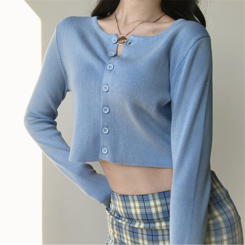 Style O-neck Short Knitted Sweaters Women Thin Cardigan Crop Top