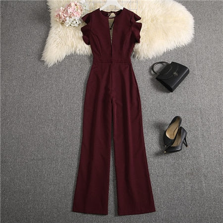 Women Deep V-neck Jumpsuits Solid Color Straight Full Length Pants
