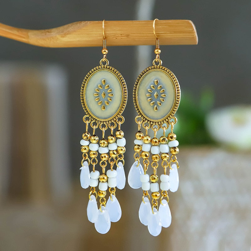 Bohemian Antique Gold Plated Long Water Drop Tassel Earrings