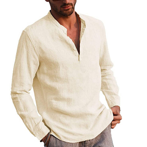 Men’ s Shirt Cotton linen Solid Color Stand Collar Long Sleeve Shirt