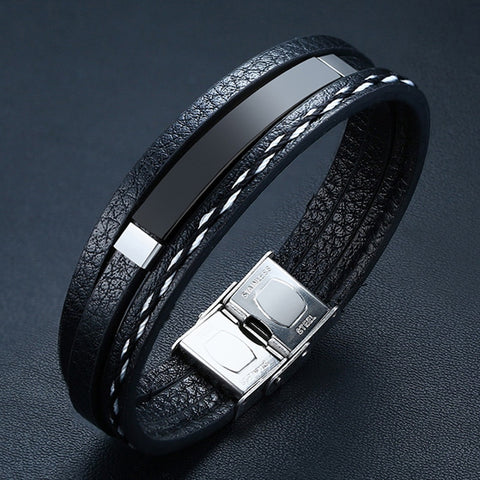 Multi Layer Leather Bracelets for Men Customizable Engraving Stainless Steel Casual