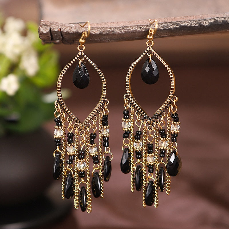 Bohemian Antique Gold Plated Long Water Drop Tassel Earrings