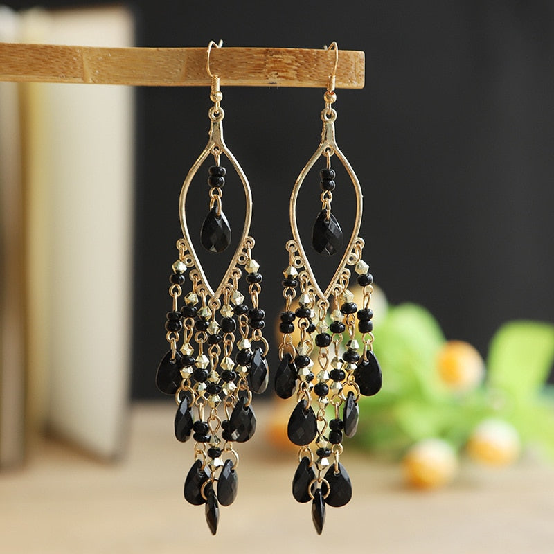 Bohemian Antique Gold Plated Long Water Drop Tassel Earrings