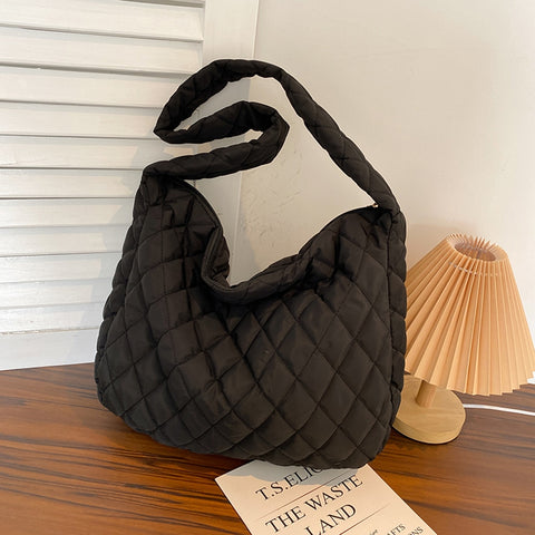Lattice Pattern Shoulder Bag Space Cotton Handbag Women Large Capacity Tote