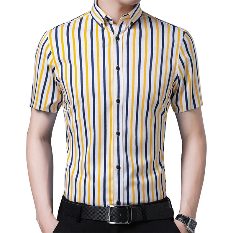 Short Sleeve Strech Striped Shirts Men Soft Regular Fit no Front Pocket