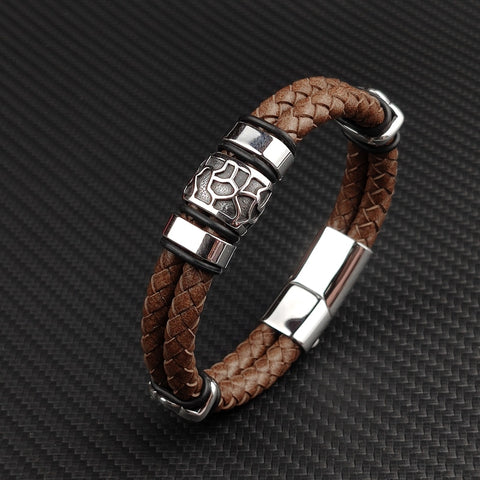 Stainless Steel Irregularly Cracked Bead Bracelet Genuine Braided Leather Male Bracelets