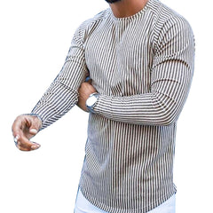 T-shirt Long Sleeve Slim Top Cotton Blend Stripe Plaid Print Male Pullover Sweater