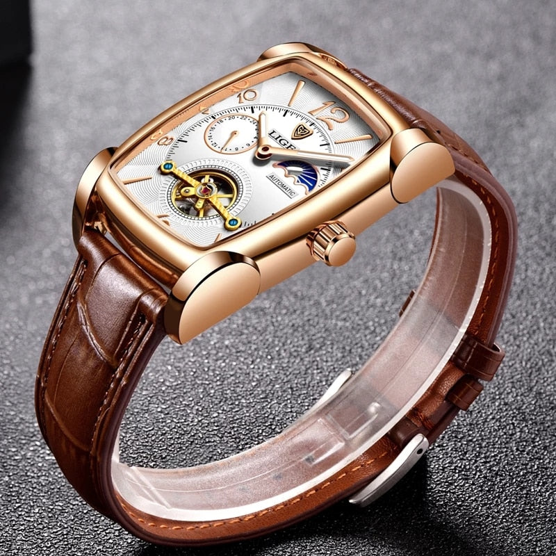 Mens Watches Square Automatic Watch for Men Genuine Leather