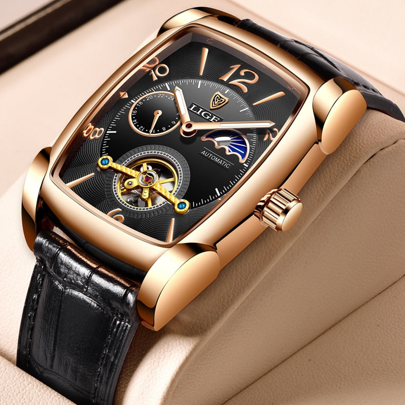 Mens Watches Square Automatic Watch for Men Genuine Leather