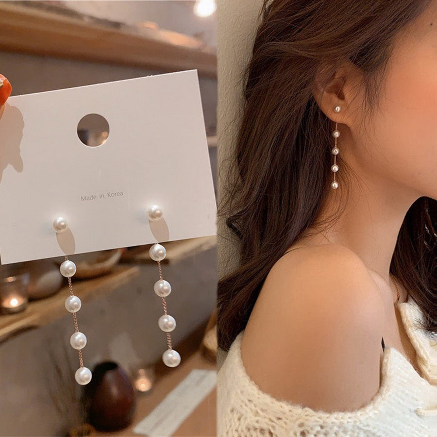 Trend Simulation Pearl Long Earrings Female Moon Star Flower Rhinestone