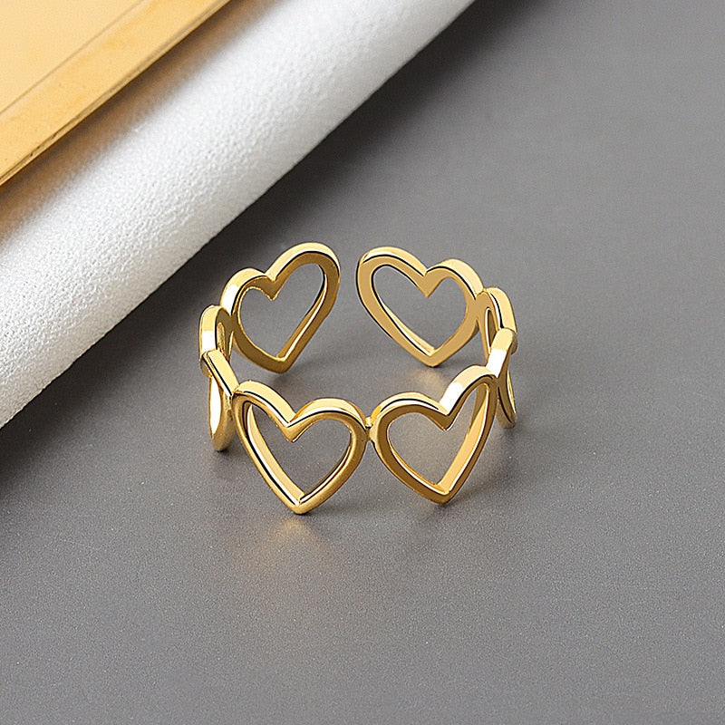 925 Sterling Silver Geometric heart hollowout  Adjustable Ring Minimalist
