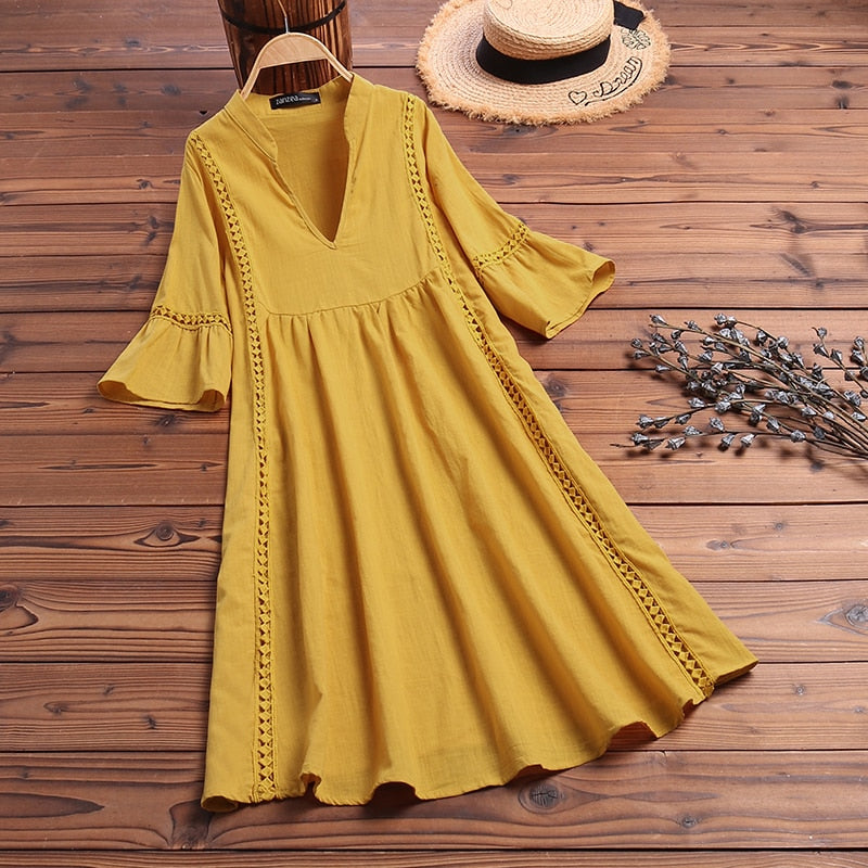 Lace Dress Women Sundress Fashion Flare Sleeve Short Vestido Bohemian