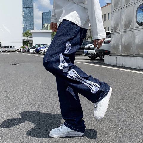 Straight Jean Pants Man Skeleton Embroidery  Mopping Trousers
