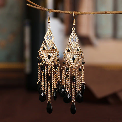 Bohemian Antique Gold Plated Long Water Drop Tassel Earrings