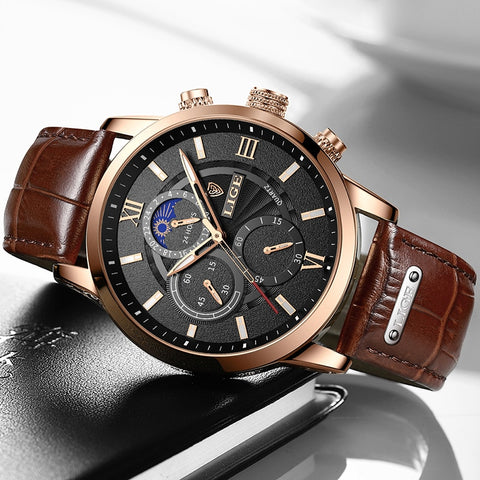 Mens Watches LIGE Top Brand Luxury Leather Casual Quartz Watch