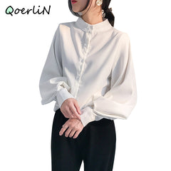 Big Lantern Sleeve Blouse Single Breasted Stand Collar Shirts