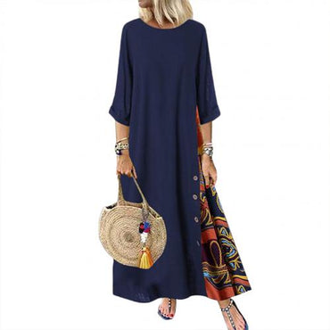 Loose Women Dress Vintage O Neck 3/4 Sleeve Side Buttons Printed