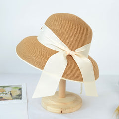 Retro French Hepburn Straw Hat Bow Seaside Big Brim Sun Protection Shade