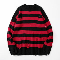 Black Stripe Sweaters Destroyed Ripped Sweater Pullover