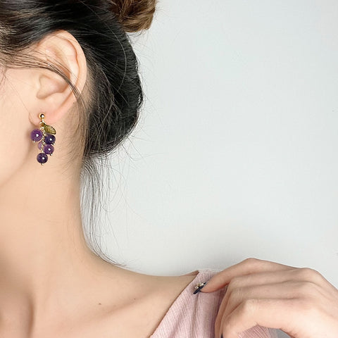 Vintage Purple Crystal Grape Leaf Earrings Sweet Reflective Smooth Irregular
