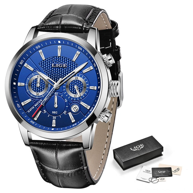 Mens Watches LIGE Top Brand Leather Chronograph Waterproof Sport