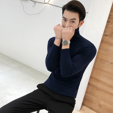 Turtleneck Sweaters Black Sexy Brand Knitted Pullovers Men Solid Color