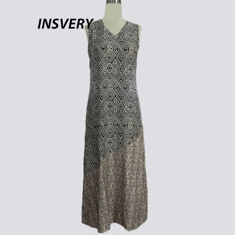 Vintage Print Dess Sleeveless V Neck Fashion Summer Long Dress
