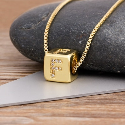 A-Z Initials Micro Pave Copper CZ Cube Letter Pendant Necklaces