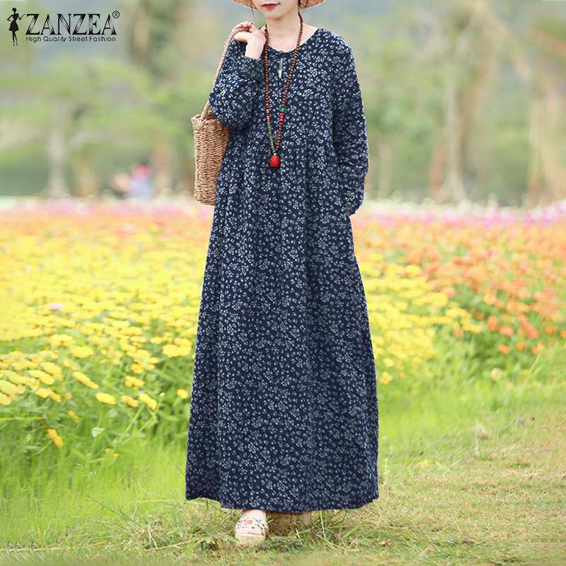 Vintage Women Printed Dress Sundress Casual Long Sleeve Maxi