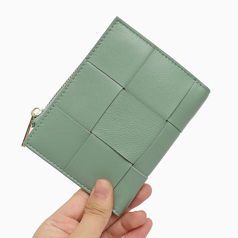 Fashion Woven Genuine Leather Women Short Wallet Functional Bifold Coin