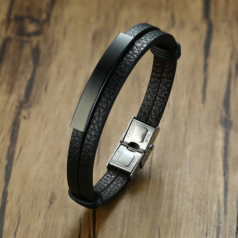 Multi Layer Leather Bracelets for Men Customizable Engraving Stainless Steel Casual