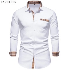 Plaid Patchwork Formal Shirts for Men Slim Long Sleeve White Button Up Shirt Dress