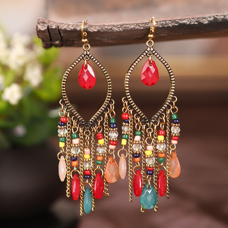 Bohemian Antique Gold Plated Long Water Drop Tassel Earrings