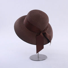 Retro French Hepburn Straw Hat Bow Seaside Big Brim Sun Protection Shade