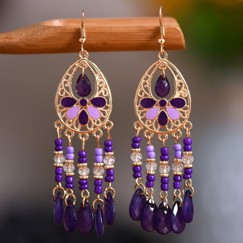 Bohemian Antique Gold Plated Long Water Drop Tassel Earrings