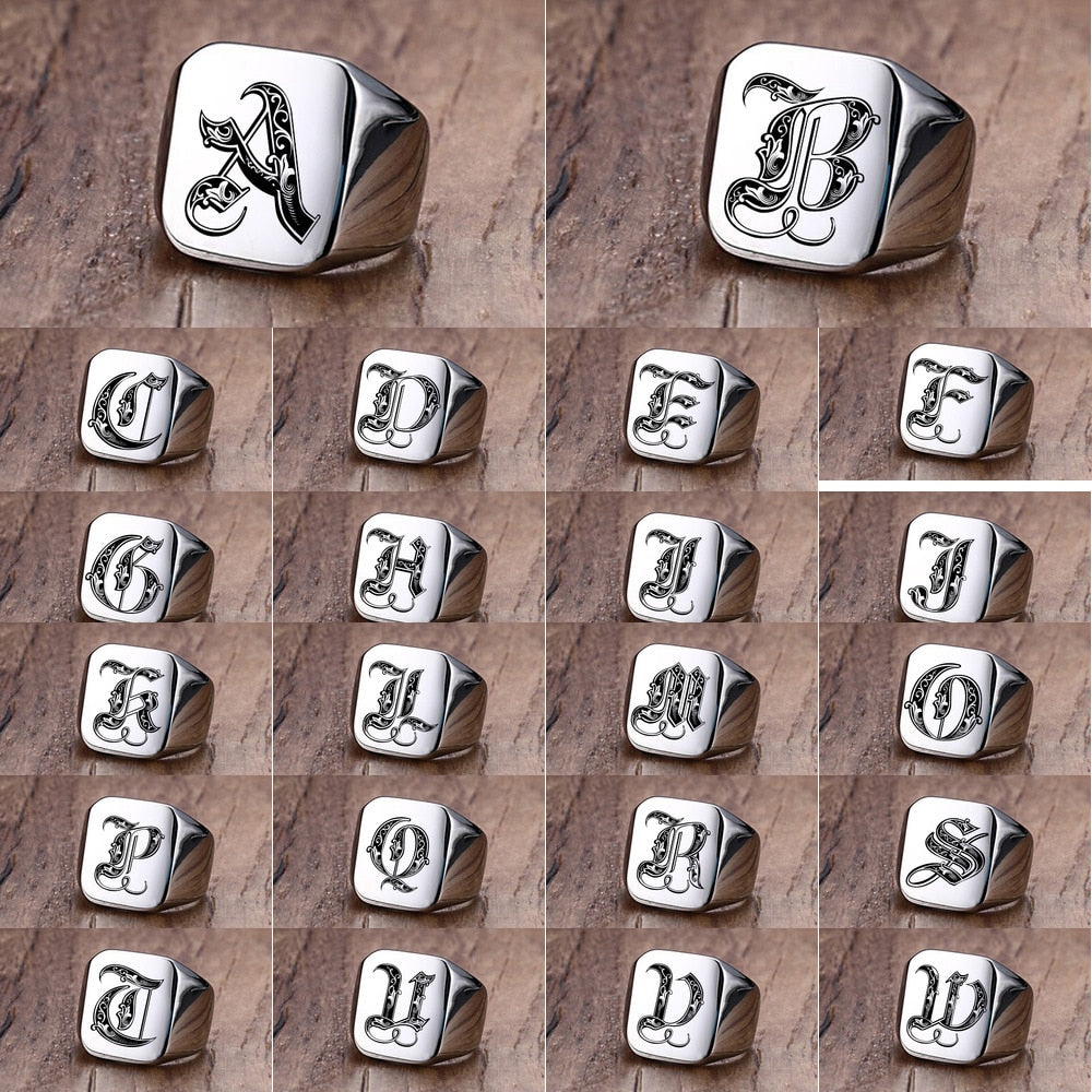 Retro Initials Signet Ring for Men 18mm Bulky Heavy Stamp Male Band Stainless Steel Letters Custom