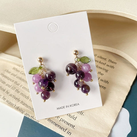 Vintage Purple Crystal Grape Leaf Earrings Sweet Reflective Smooth Irregular