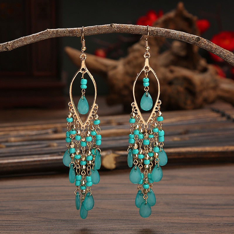 Bohemian Antique Gold Plated Long Water Drop Tassel Earrings