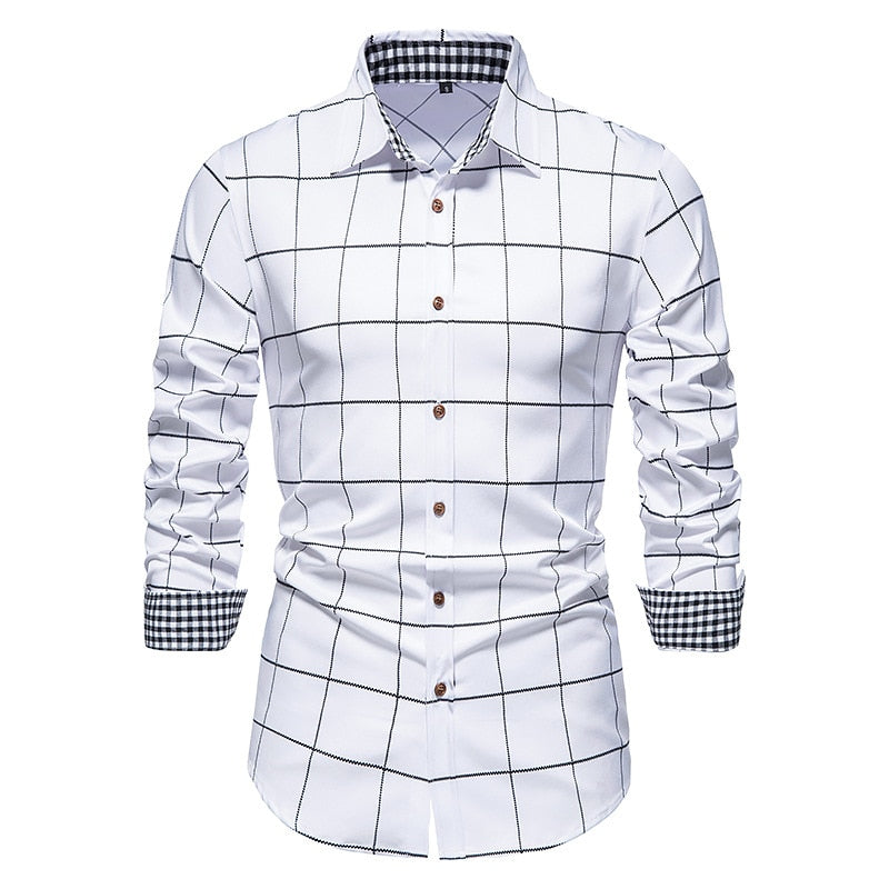 Plaid Patchwork Formal Shirts for Men Slim Long Sleeve White Button Up Shirt Dress