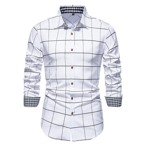 Plaid Patchwork Formal Shirts for Men Slim Long Sleeve White Button Up Shirt Dress