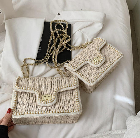 Weave Square Crossbody Bag handbag quality Straw pearl