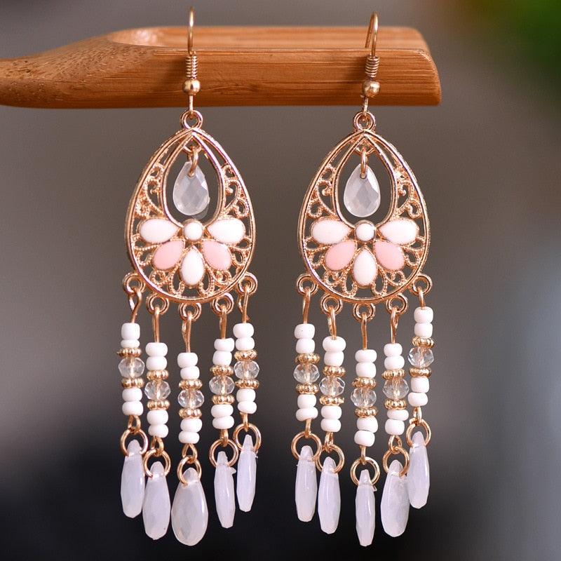 Bohemian Antique Gold Plated Long Water Drop Tassel Earrings