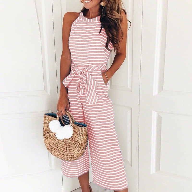 Stripe Jumpsuit Printed O-neck Bandage Sleeveless Long Wide Leg Pants