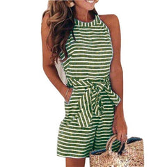 Stripe Jumpsuit Printed O-neck Bandage Sleeveless Long Wide Leg Pants