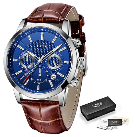 Mens Watches LIGE Top Brand Leather Chronograph Waterproof Sport