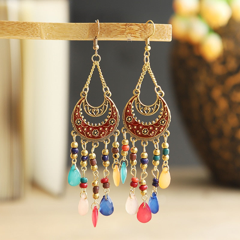 Bohemian Antique Gold Plated Long Water Drop Tassel Earrings