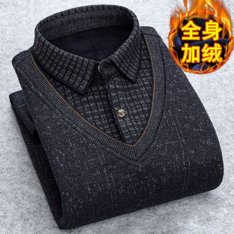 Man Fleece Shirt-collar Sweater Fashion Grid Solid Thicken Warm Sweater