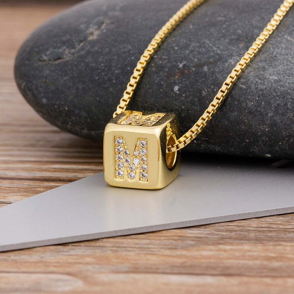 A-Z Initials Micro Pave Copper CZ Cube Letter Pendant Necklaces