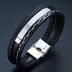 Multi Layer Leather Bracelets for Men Customizable Engraving Stainless Steel Casual