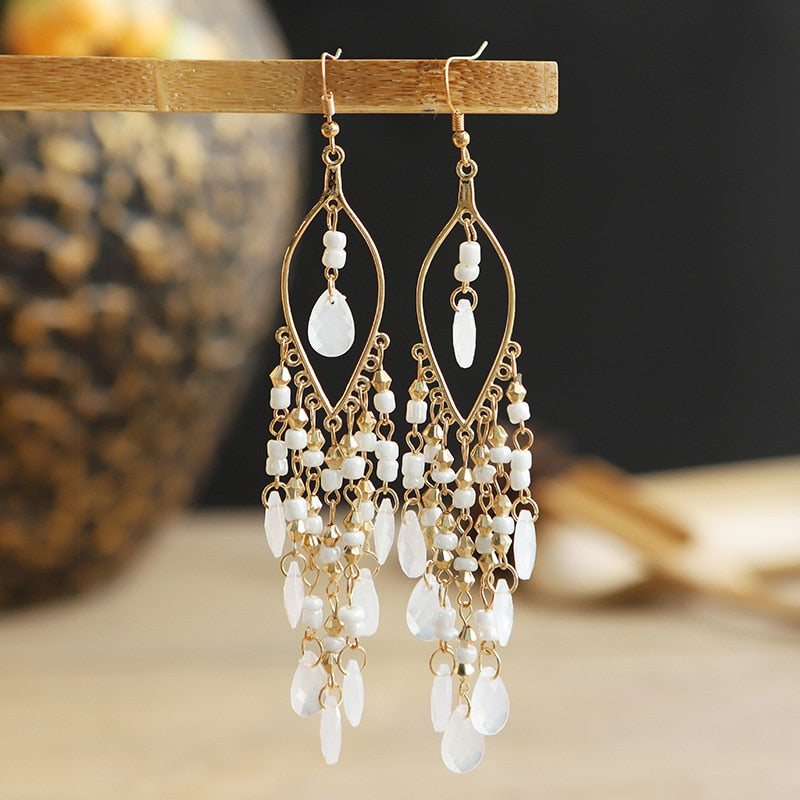 Bohemian Antique Gold Plated Long Water Drop Tassel Earrings